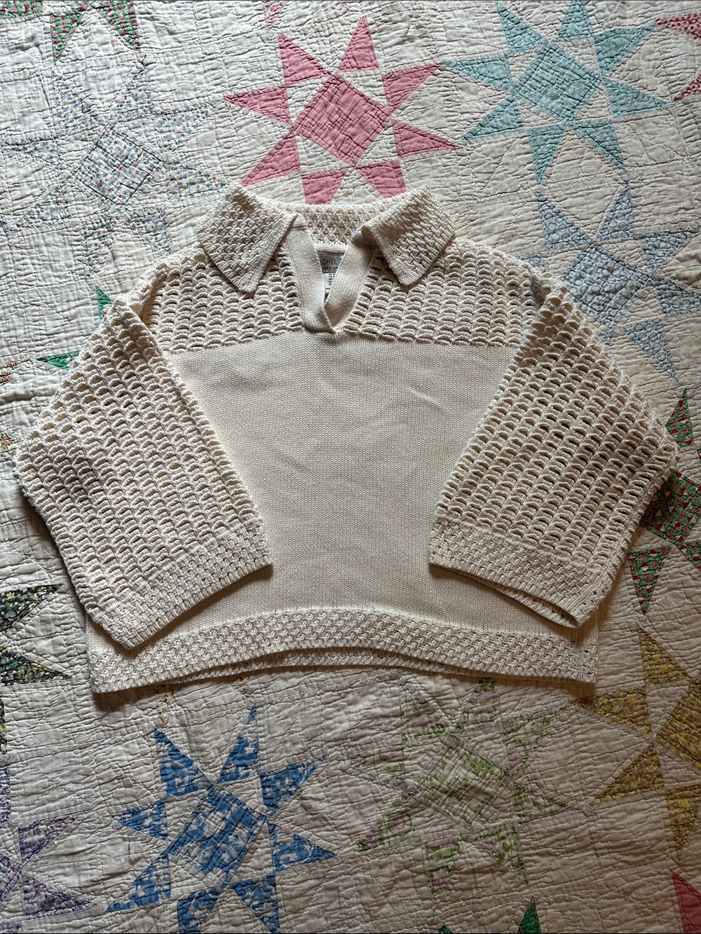 Rachel Zoe Cream Cropped Open-Weave Collared Knit Sweater